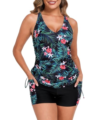 Halcurt Tankini Set Damen mit BH V-Ausschnitt Zweiteilig Badeanzug Bauchweg Tankini Oberteil mit Badeshorts XXL von Halcurt