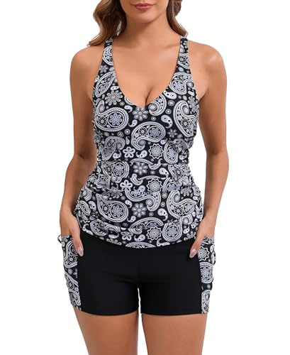 Halcurt Tankini Set Damen mit BH V-Ausschnitt Zweiteilig Badeanzug Bauchweg Tankini Oberteil mit Badeshorts XXL von Halcurt
