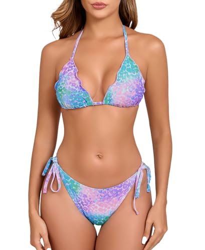 Halcurt Triangel Bikini Damen Set Neckholder Bikini Oberteil Verstellbare Bikinihose Seitlicher Schnürung Strandbikini Zweiteiliger Badeanzug L von Halcurt