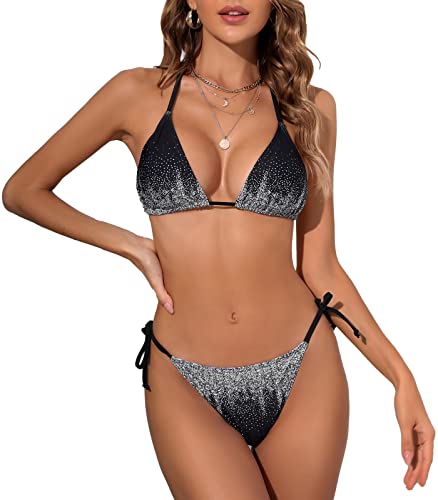 Halcurt Triangel Bikini Damen Set Neckholder Bikinioberteil Verstellbare Bademode Unterteil Seitlicher Schnürung Zweiteiliger Badeanzug L von Halcurt