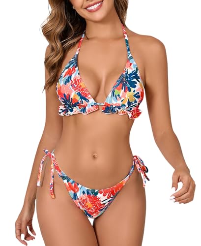 Halcurt Triangel Bikini Damen Set Neckholder Bikinioberteil Verstellbare Bikinihose Seitlicher Schnürung Zweiteiliger Badeanzug Bademode M von Halcurt