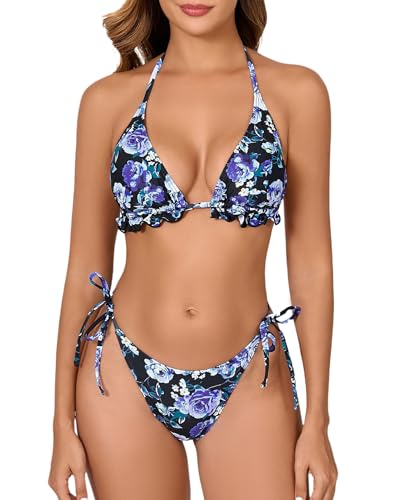 Halcurt Triangel Bikini Damen Set Neckholder Bikinioberteil Verstellbare Seitlicher Schnürung Bikinihose Zweiteiliger Badeanzug Bademode S von Halcurt