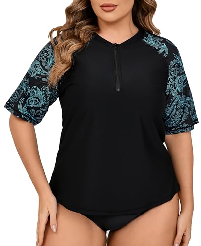 Halcurt UV Shirt Damen Große Größen Rash Guard Kurzarm 1/4 Zip UPF 50+ UV Schutz Badeshirt Schwimmshirt Schnell Trocknender Bademode 2X von Halcurt