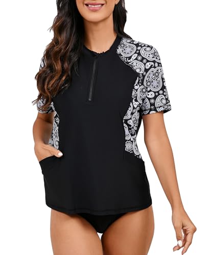 Halcurt UV Shirt Damen Kurzarm mit BH und Tasche Rash Guard 1/4 Zip UPF 50+ Sonnenschutz Badeshirt Schnell Trocknender Schwimmshirt Tankini L von Halcurt