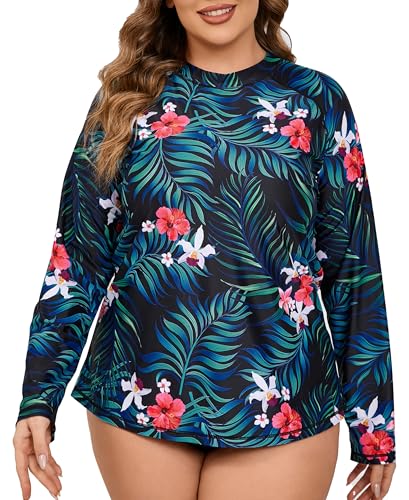 Halcurt UV Shirt Damen Übergröße Langarm Rash Guard UPF 50+ Sonnenschutz Badeshirt Schnell Trocknender Schwimmshirt 2X von Halcurt