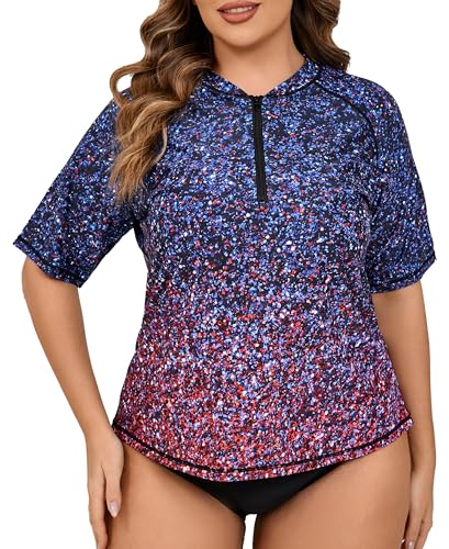 Halcurt UV Shirt Damen Übergröße Rash Guard Kurzarm 1/4 Zip UV Schutz UPF 50+ Badeshirt Schwimmshirt Schnell Trocknender Bademode 1X von Halcurt