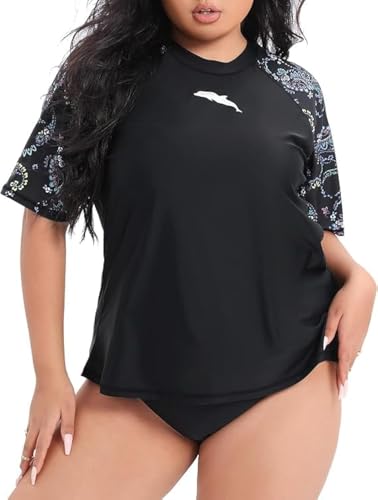 Halcurt UV Shirt Damen Übergröße Rash Guard Kurzarm UPF 50+ Badeshirt UV Schutz Schwimmshirt Schnell Trocknender Bademode 3X von Halcurt