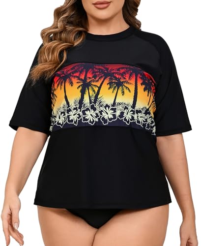 Halcurt UV Shirt Damen Übergröße Rash Guard Kurzarm UPF 50+ Sonnenschutz UV Shirt Schnell Trocknender Bademode Badeshirt 1X von Halcurt