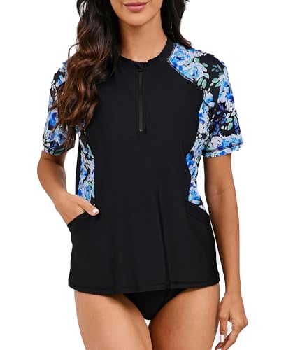 Halcurt UV Shirt Damen mit BH und Tasche 1/4 Zip Rash Guard Kurzarm UPF 50+ Sonnenschutz Badeshirt Schnell Trocknender Schwimmshirt Tankini S von Halcurt