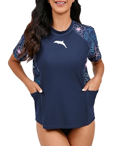 Halcurt UV Shirt Damen mit BH und Tasche Badeshirt Kurzarm UPF 50+ Rash Guard UV Schutz Schwimmshirt Schnell Trocknender Bademode Schwimmen XL von Halcurt