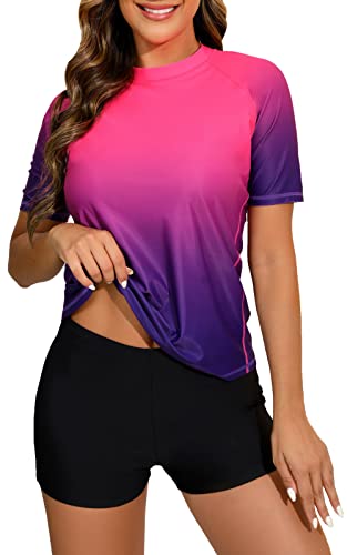 Halcurt Zweiteiliges Rashguard-Set für Damen, kurzärmelig, LSF 50, Schwimmshirt mit Boardshorts, Ombre Fushcia Top + Solid Bottom, Large von Halcurt