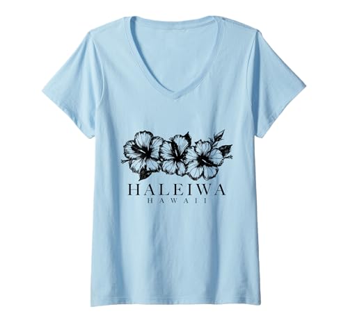 Damen Haleiwa Hawaii Hibiskus-Surfer-Souvenir, Hawaii, Vintage T-Shirt mit V-Ausschnitt Damen Haleiwa Hawaii Hibiskus-Surfer-Souvenir, Hawaii, Vintage T-Shirt mit V-Ausschnitt von Haleiwa Hawaii - Hawaiian Surf Apparel Co.