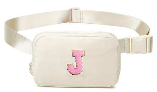 Beige Gürteltasche Taille Fanny Pack Mini Crossbody Handtasche mit Initiale Brief Patch für Frauen Mädchen Teen Sling Bag Geschenk, Beige-J, Einheitsgröße, Casual von Halemet