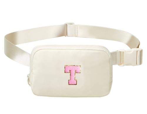 Beige Gürteltasche Taille Fanny Pack Mini Crossbody Handtasche mit Initiale Brief Patch für Frauen Mädchen Teen Sling Bag Geschenk, Beige-T, Einheitsgröße, Casual von Halemet