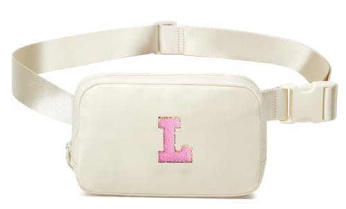 Beige Gürteltasche Taille Fanny Pack Mini Crossbody Handtasche mit Initiale Brief Patch für Frauen Mädchen Teen Sling Bag Geschenk, Beige-l, Einheitsgröße, Casual von Halemet