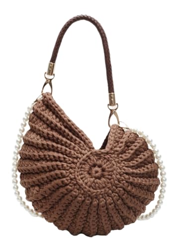 Gehäkelte Muschel-Geldbörse mit Perlenkette, handgewebt, Abendtasche, gestrickt, Muschelform, Handtasche, Strandtasche, Kaffee, Einheitsgröße Gehäkelte Muschel-Geldbörse mit Perlenkette, handgewebt, Abendtasche, gestrickt, Muschelform, Handtasche, Strandtasche, Kaffee, Einheitsgröße von Halemet