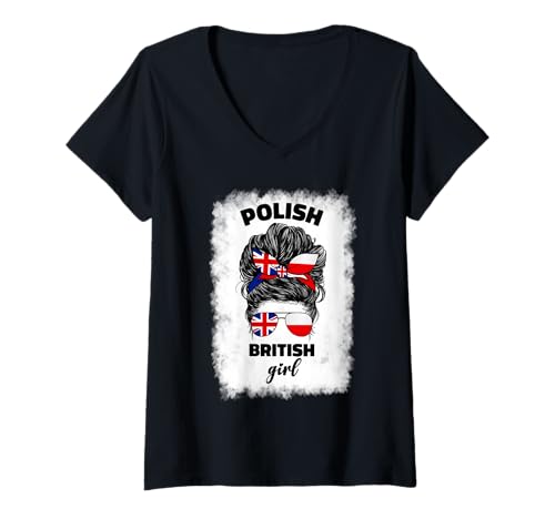 Damen Half Britain and Polish British UK Polen Flag Girl Women T-Shirt mit V-Ausschnitt Damen Half Britain and Polish British UK Polen Flag Girl Women T-Shirt mit V-Ausschnitt von Half British Half Polish Designs Co.