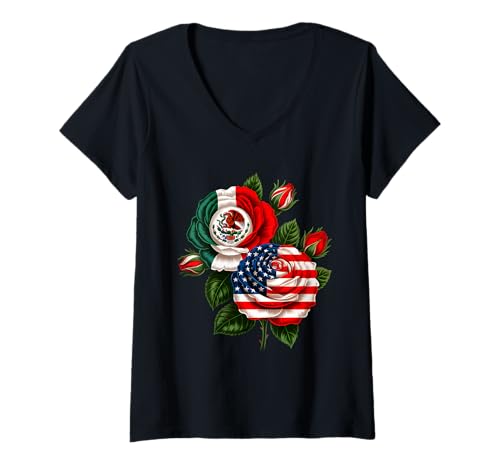 Damen Mexiko USA Flagge Pride Mexikanische Amerikanische Flagge Rose Blume T-Shirt mit V-Ausschnitt Damen Mexiko USA Flagge Pride Mexikanische Amerikanische Flagge Rose Blume T-Shirt mit V-Ausschnitt von Half Mexican Half American Novelty Women Men kids