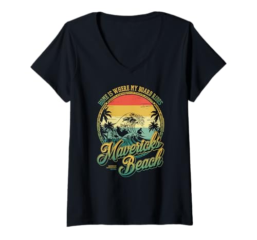 Damen Zu Hause ist mein Brett mit Mavericks Strand surfen T-Shirt mit V-Ausschnitt Damen Zu Hause ist mein Brett mit Mavericks Strand surfen T-Shirt mit V-Ausschnitt von Half Moon Bay California Surfing Vibes Design