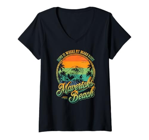 Damen Zu Hause ist mein Brett mit Mavericks Strand surfen T-Shirt mit V-Ausschnitt Damen Zu Hause ist mein Brett mit Mavericks Strand surfen T-Shirt mit V-Ausschnitt von Half Moon Bay California Surfing Vibes Design