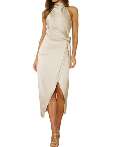 Halfisland Damen Sommer Satin High Neck Ärmellos Wickelkleid Elegant Stehkragen Krawatte Taille Cocktail Formelle Kleider, Champagner, Groß von Halfisland