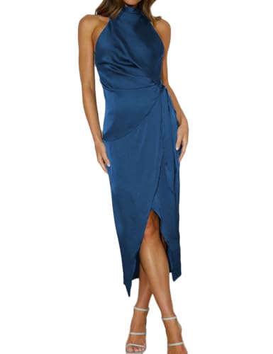 Halfisland Damen Sommer Satin High Neck Ärmellos Wickelkleid Elegant Stehkragen Krawatte Taille Cocktail Formelle Kleider, Marineblau, Klein von Halfisland