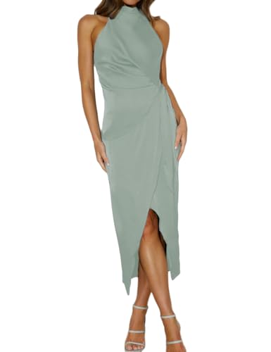Halfisland Damen Sommer Satin High Neck Ärmellos Wickelkleid Elegant Stehkragen Krawatte Taille Cocktail Formelle Kleider, Salbei, X-Klein von Halfisland