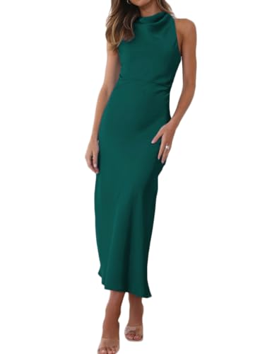 Halfisland Satin, hoher Halsausschnitt, rückenfrei, ärmellos, Midi-Kleider für Damen, elegant, Stehkragen, hohe Taille, gekreuzter Rücken, Cocktailkleid, Grün , Groß Halfisland Satin, hoher Halsausschnitt, rückenfrei, ärmellos, Midi-Kleider für Damen, elegant, Stehkragen, hohe Taille, gekreuzter Rücken, Cocktailkleid, Grün , Groß von Halfisland