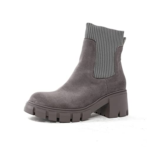 Damen Chelsea Boots Elastische Chunky Heel Booties Wildleder Plateau Stiefel Rutschfeste Kampfschuhe, grau, 38.5 EU von Halfword