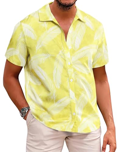 Halfword Hawaiihemd Herren Kurzarm Aloha Strand Hemd Urlaub Freizeithemden Tropische Sommer Gelb XXL von Halfword