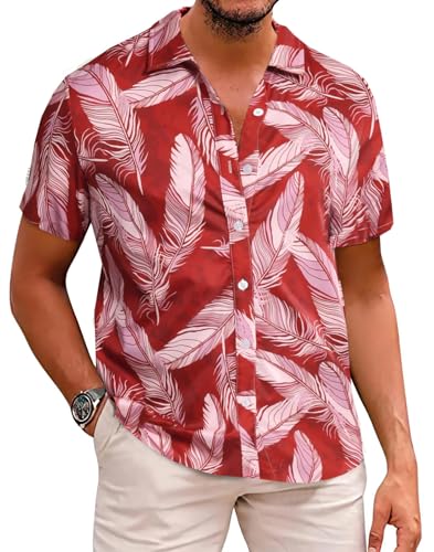 Halfword Hawaiihemd Herren Kurzarm Aloha Strand Hemd Urlaub Freizeithemden Tropische Sommer Rot XXL von Halfword