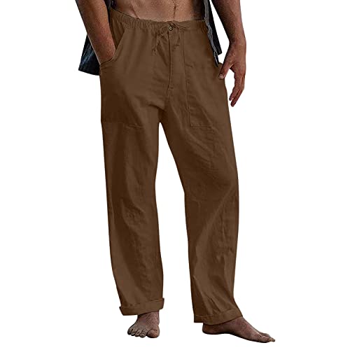 Halfword Herren-Jogginghose aus Leinen, locker, Yogahose, lässiger Strand, mit Kordelzug, elastischer Taille, leichte Jogginghose, braun, 36-41 von Halfword