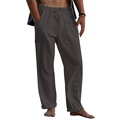 Halfword Herren-Jogginghose aus Leinen, locker, Yogahose, lässiger Strand, mit Kordelzug, elastischer Taille, leichte Jogginghose, dunkelgrau, 41-44.5 von Halfword