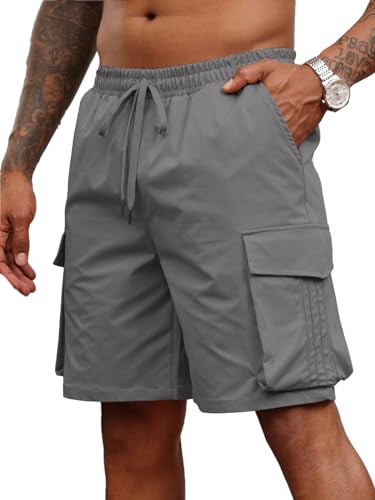 Halfword Herren Kurz Shorts Cargo Hosen Bermuda Taschen Kordelzug Freizeithose Leichte Urlaub Sommer Grau XXL von Halfword