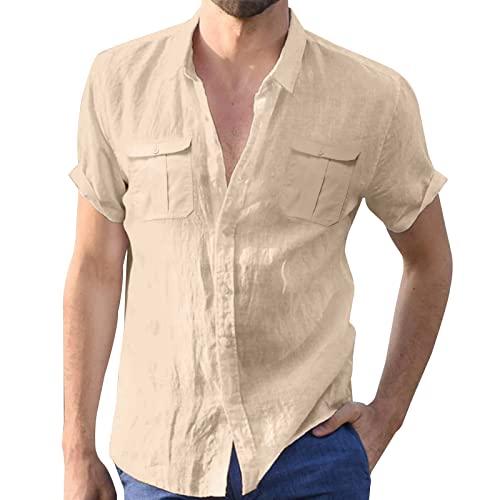 Halfword Herren Leinen Kurzarm Shirts Strand Baumwolle Sommer Casual Tops Knopf T-Shirts mit Taschen, khaki, 58 von Halfword