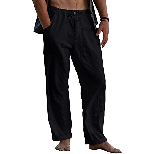 Halfword Herren-Hose aus Leinen, lockere Passform, Yogahose, lässig, Strand, Kordelzug, elastische Taille, leichte Sweatpants, Schwarz , 5XL von Halfword