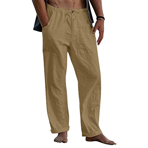 Halfword Herren-Jogginghose aus Leinen, locker, Yogahose, lässiger Strand, mit Kordelzug, elastischer Taille, leichte Jogginghose, dunkelgelb, XXXXXL von Halfword