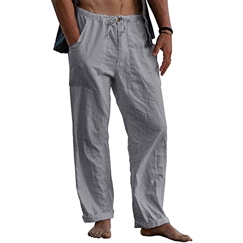 Halfword Herren-Hose aus Leinen, lockere Passform, Yogahose, lässig, Strand, Kordelzug, elastische Taille, leichte Sweatpants, grau, 5XL von Halfword