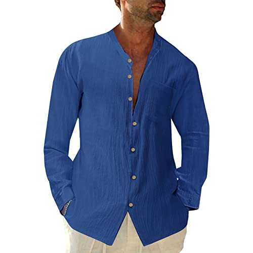 Halfword Herren Leinenhemden Casual Langarm Strandhemden Sommer Loose Fit Hemd Tops, blau, XXL von Halfword