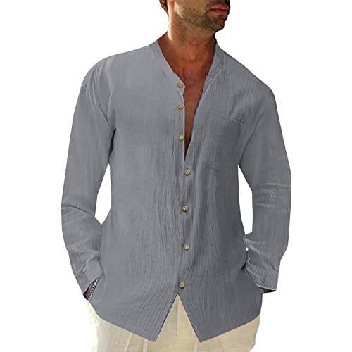 Halfword Herren Leinenhemden Casual Langarm Strandhemden Sommer Loose Fit Hemd Tops, grau, 3XL von Halfword