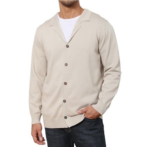 Halfword Herren Strickjacke Strickpullover V Ausschnitt Sweater Rippkragen Jacke Holz Button Down M-3XL, beige, XXXL von Halfword