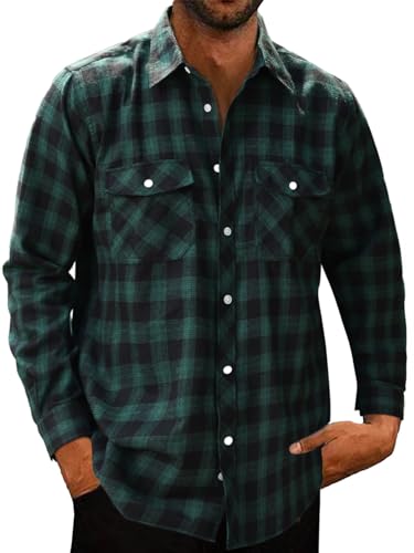 Halfword Karierte Hemden Herren Flanell Casual Plaid Shirts Baumwolle Button Down Langarm Lockere Passform Kragen Herbst Winter, grün-schwarz, XXL von Halfword