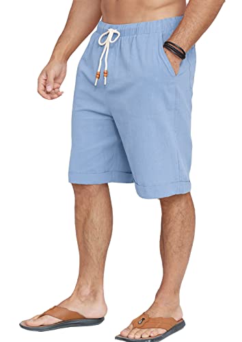 Halfword Kurz Leinenhose Herren Sommer Shorts Kordelzug Strand Freizeithose Leichte Urlaub Blau L von Halfword