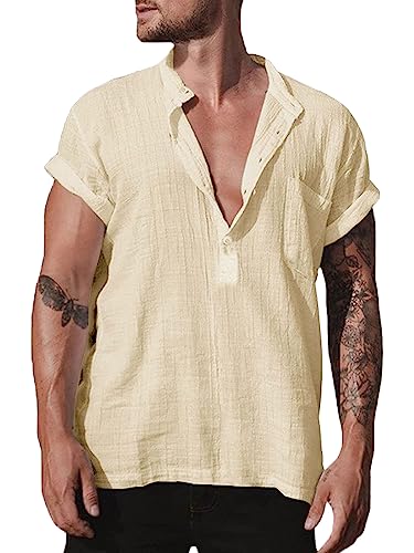 Halfword Kurzarm Hemd Herren Sommer Leinenhemd Henley Freizeithemden Leicht Strand Tops Beige XXL von Halfword