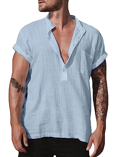 Halfword Kurzarm Hemd Herren Sommer Leinenhemd Henley Freizeithemden Leicht Strand Tops Blau XXL von Halfword