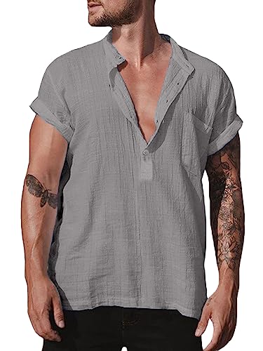 Halfword Kurzarm Hemd Herren Sommer Leinenhemd Henley Freizeithemden Leicht Strand Tops Grau XXXXXL von Halfword