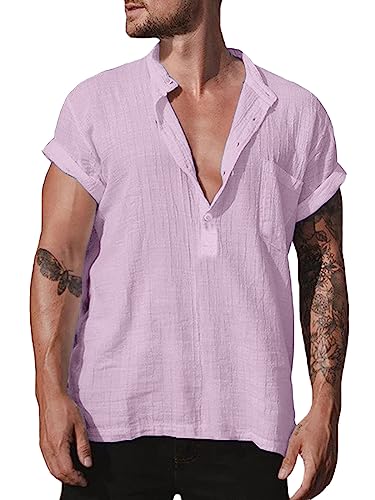 Halfword Kurzarm Hemd Herren Sommer Leinenhemd Henley Freizeithemden Leicht Strand Tops Rosa XL von Halfword