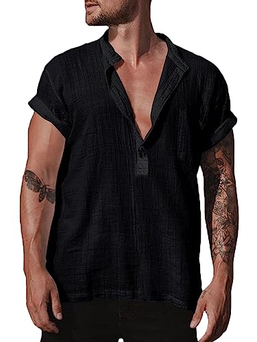 Halfword Kurzarm Hemd Herren Sommer Leinenhemd Henley Freizeithemden Leicht Strand Tops Schwarz M von Halfword