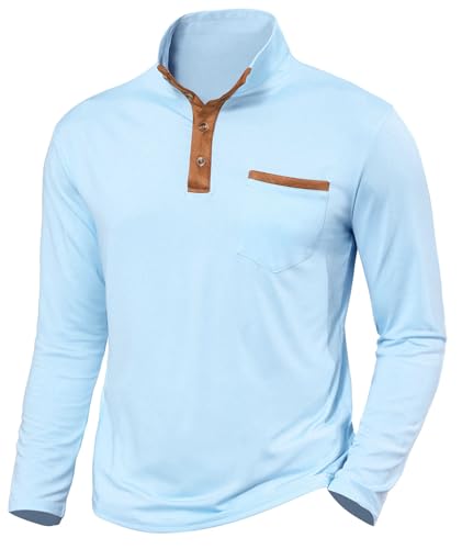 Halfword Langarm Henley-Shirts Herren T-Shirts Polo Stehkragen Langarmshirt Tasche Leichtes Golf Blau XXXXL von Halfword