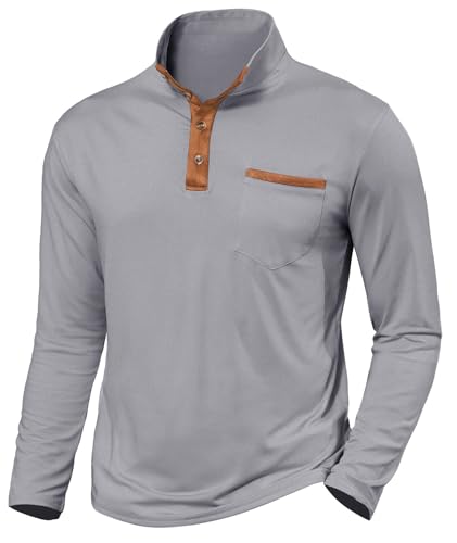 Halfword Langarm Henley-Shirts Herren T-Shirts Polo Stehkragen Langarmshirt Tasche Leichtes Golf Grau XXXL von Halfword